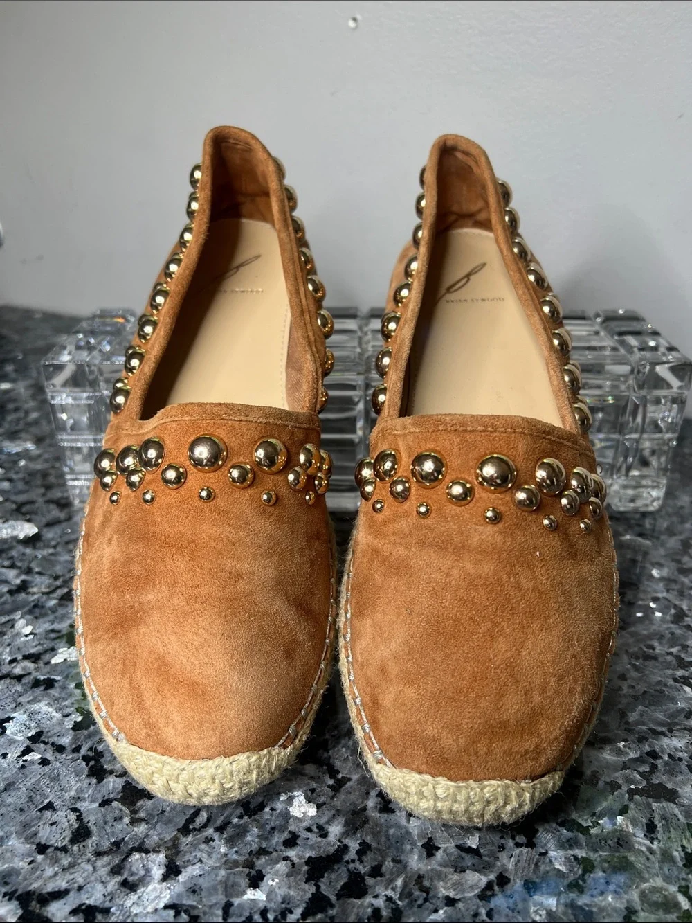 Brian Atwood Sz 8 B-Eli Tan Suede Espadrille Slip On Flats w/Goldtone Grommets